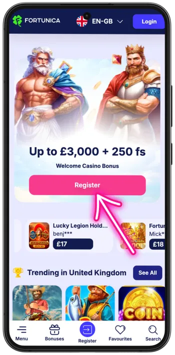 Big Bass Trophy Catch Slot registration button on casino homepage